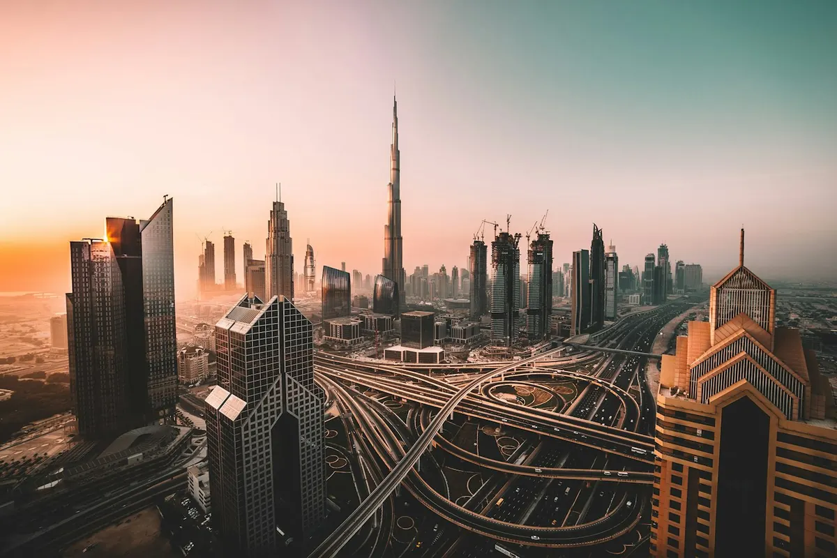 Dubai skyline with Burj Khalifa and Sheikh Zayed Road interchange