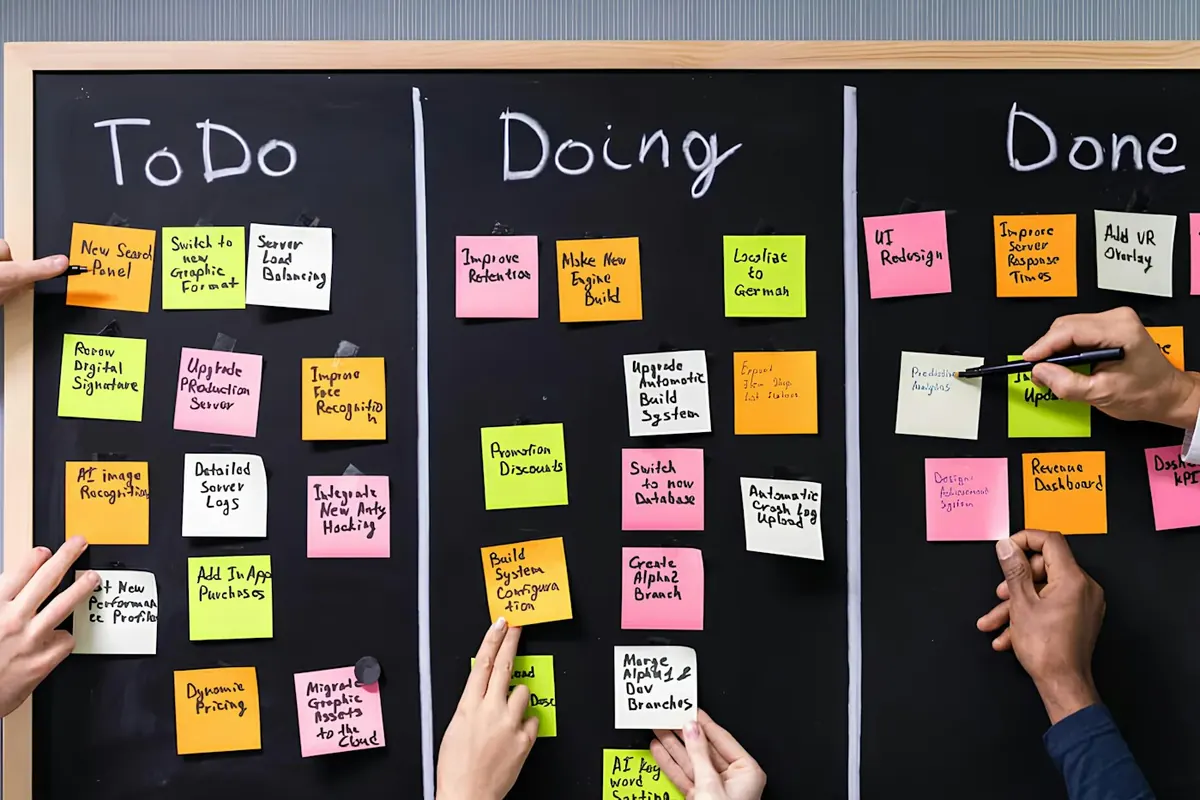 Team planning software development tasks on a sprint board
