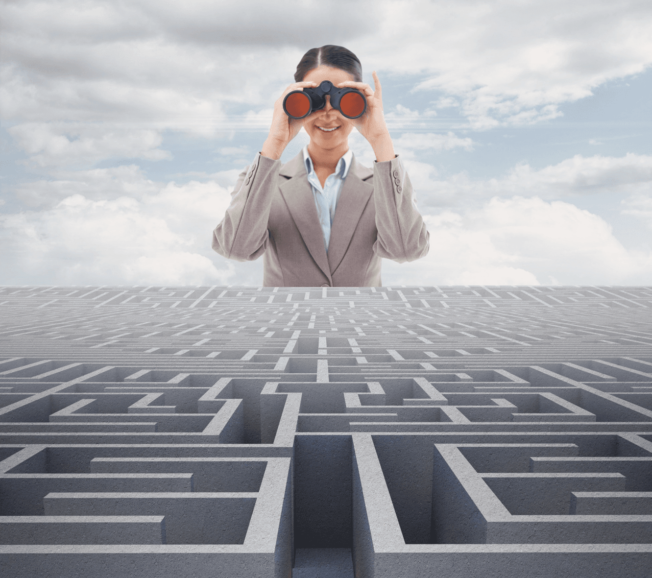 Business professional looking through binoculars while standing above a maze, against a bright cloudy sky background